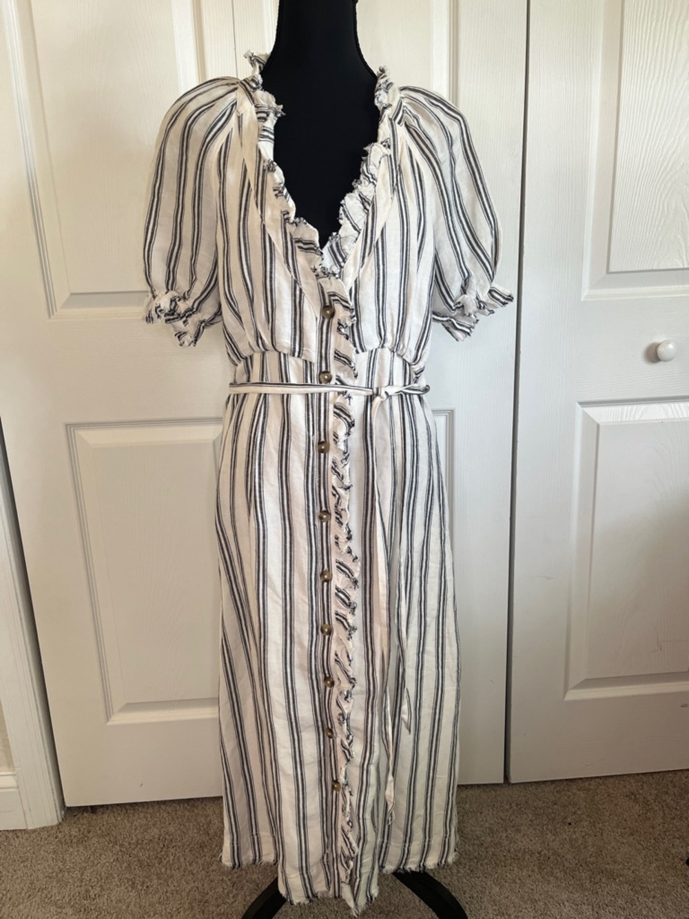 Anthropologie Pilcro Striped Frayed Ruffle Linen Blend Button-Front Midi Dress 8
